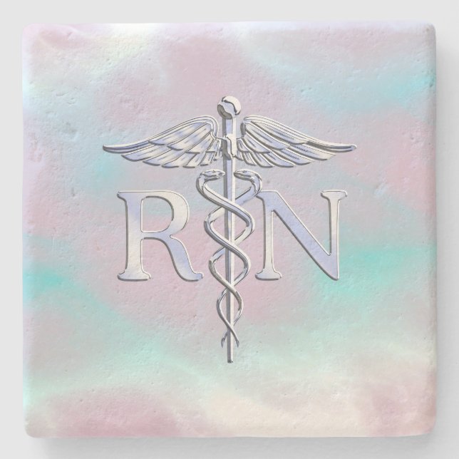 Chrome Style RN Caduceus Medical Mother Pearl Look Steinuntersetzer (Vorderseite)