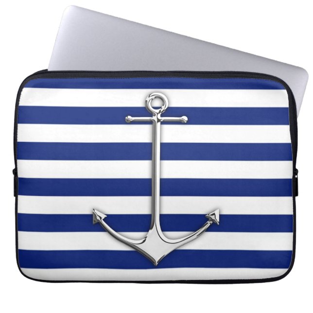 Chrome Style Thin Anchor auf Navy Stripes Laptopschutzhülle (Vorderseite)
