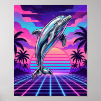 Chrome Vaporwave Delfin Retro Sonnenuntergang