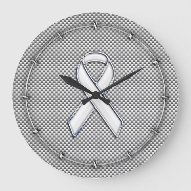 Chrome White Ribbon Awareness Carbon Fibre Dekor Große Wanduhr (Vorderseite)