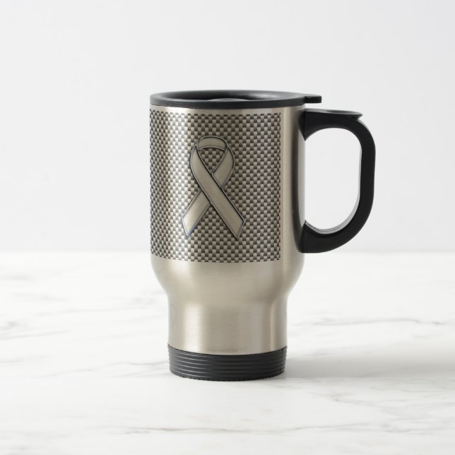 Chrome White Ribbon Awareness Carbon Fibre Dekor Reisebecher (Rechts)