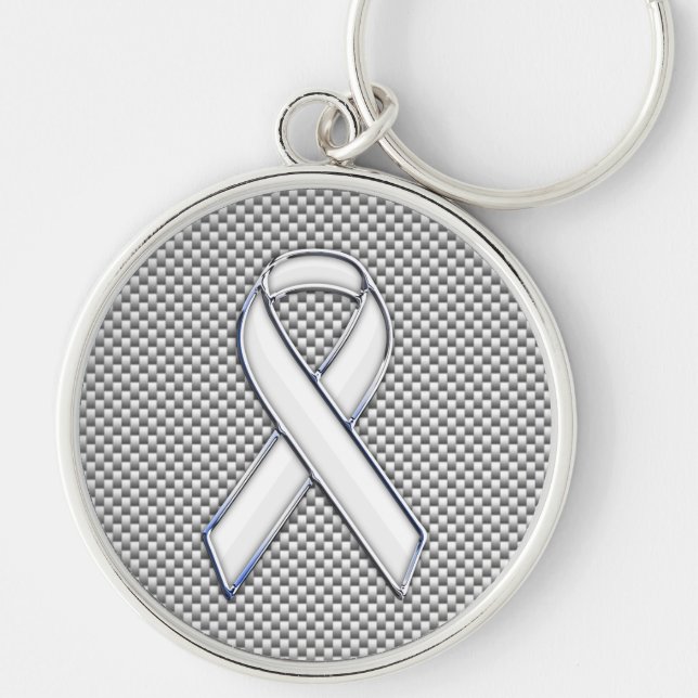 Chrome White Ribbon Awareness Carbon Fibre Dekor Schlüsselanhänger (Vorne)