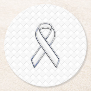 Chrome White Ribbon Awareness on Checkers Runder Pappuntersetzer