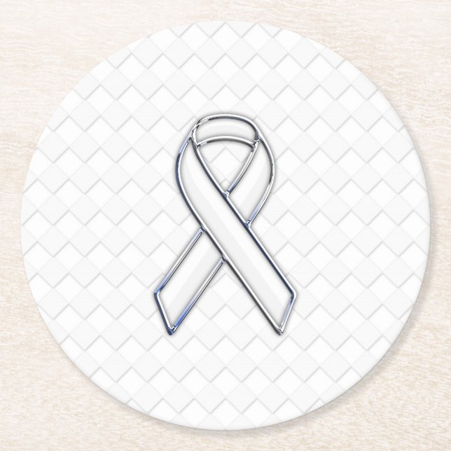 Chrome White Ribbon Awareness on Checkers Runder Pappuntersetzer (Vorderseite)