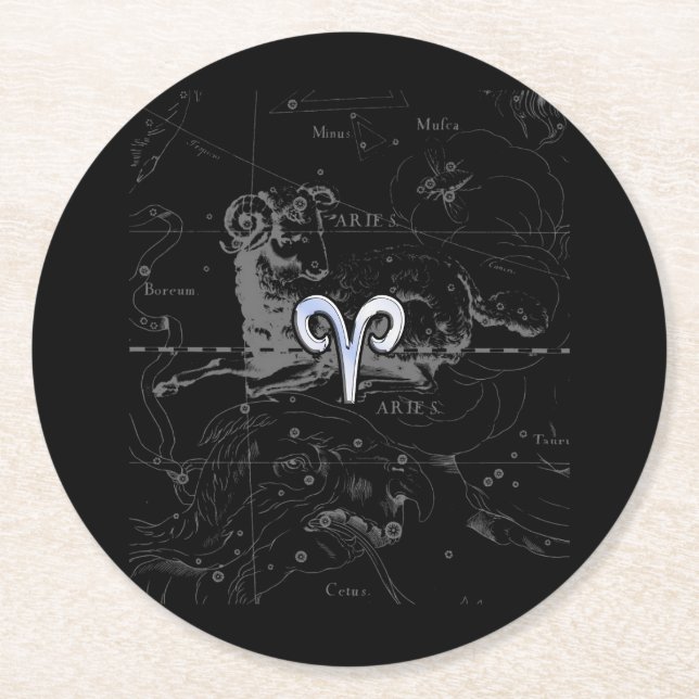 Chrome wie Aries Zodiac Symbol auf Hevelius 1690 Runder Pappuntersetzer (Vorderseite)