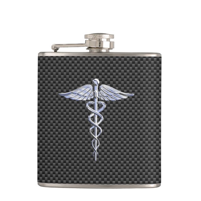 Chrome wie Caduceus Medical Symbol Carbon Fibre Flachmann (Vorderseite)