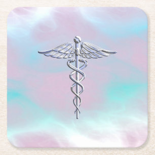 Chrome wie Caduceus Medical Symbol Mother Pearl Rechteckiger Pappuntersetzer