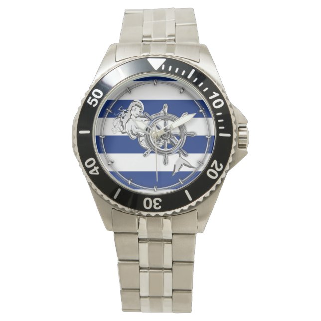 Chrome Wie Mermaid auf nautischen Streifen Armbanduhr (Vorderseite)