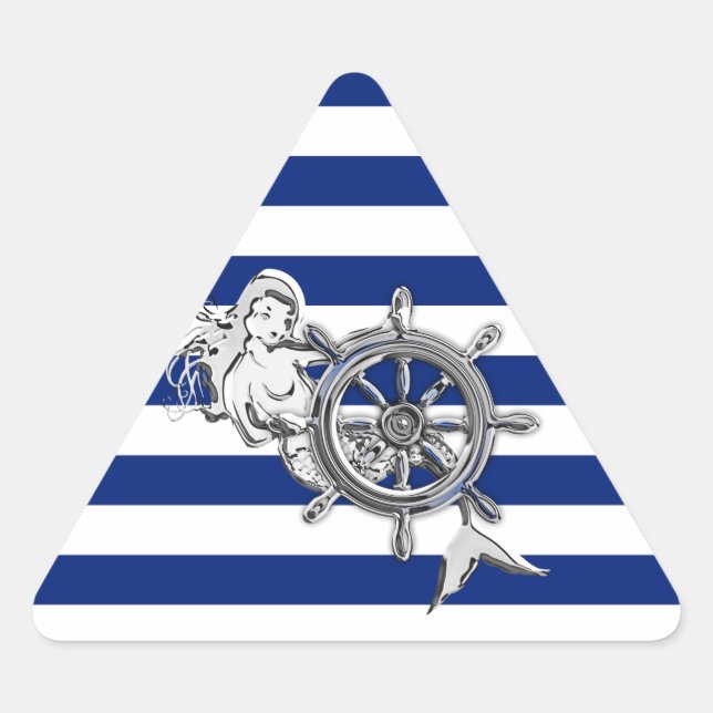 Chrome Wie Mermaid auf nautischen Streifen Dreieckiger Aufkleber (Vorderseite)