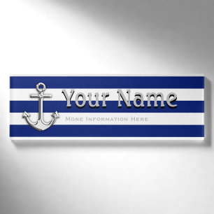 Chromieren Sie Anker auf Seetext der marine-blauen Namenschild