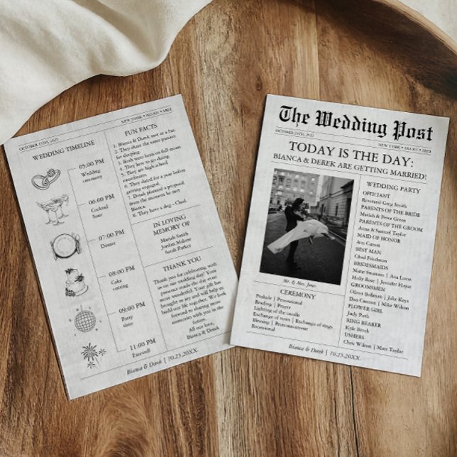 Chronologie du programme de mariage avec photo de  (Newspaper Wedding Invitation with Timeline, Wedding Party)