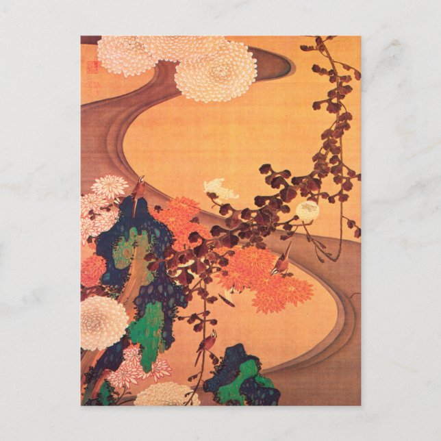 Chrysanthemas durch einen Fluss mit Felsen (1760) Postkarte (Vorderseite)
