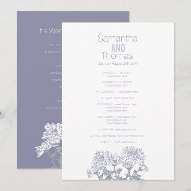 Chrysanthème gris blanc programme de mariage (Devant / Derrière)