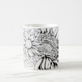 Chrysantheme Schwarz Linienzeichnung mit Ihrem Nam Kaffeetasse