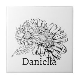 Chrysantheme Schwarzlinienzeichnung mit Ihrem Name Fliese