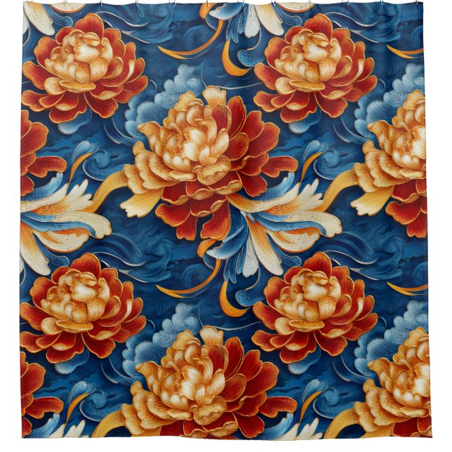 Chrysanthemen, chinesisches Wolkenmuster Duschvorhang (Vorderseite)