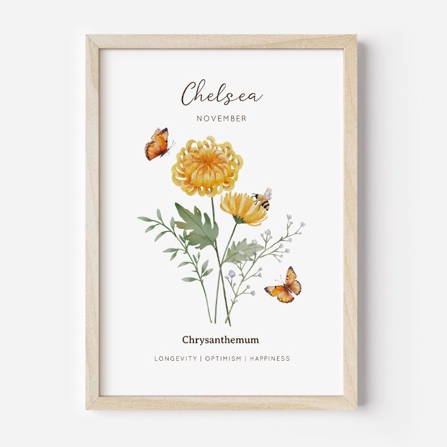Chrysanthemen-Geburtsmonatsblumenposter Poster (Example of chrysanthemum birth flower poster once framed. )