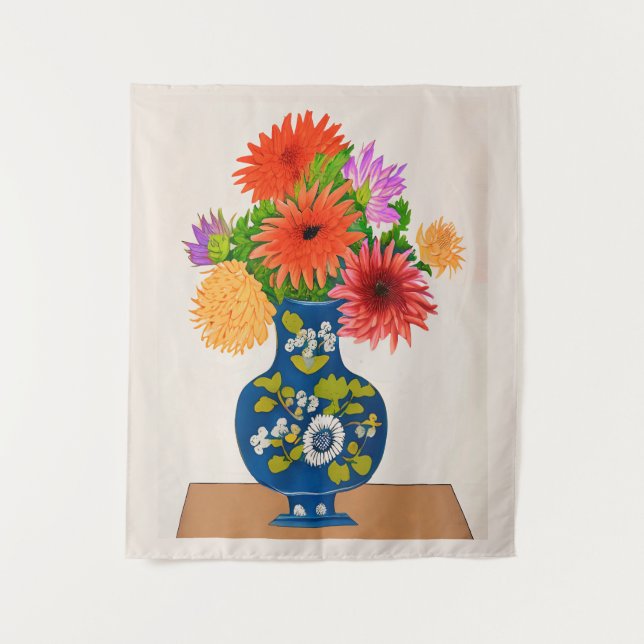 Chrysanthemen in einer blauen chinesischen Vase Wandteppich (Vorderseite)