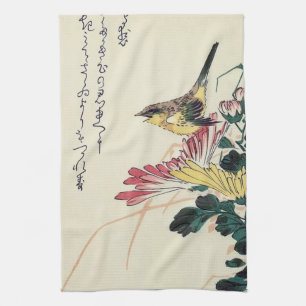 Chrysanthemen und Zaunkönig, Hiroshige, Ukiyo-e Geschirrtuch