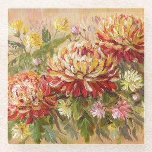Chrysanthemenwiese: Acryl-Handmalerei. Glasuntersetzer
