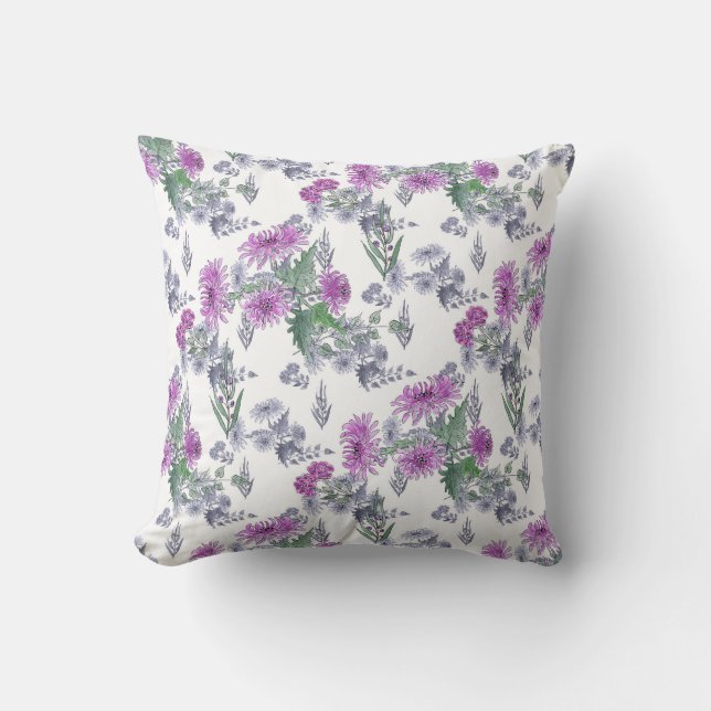 Chrysanthèmes Lilac, oreiller jetant aquarelle (Recto)