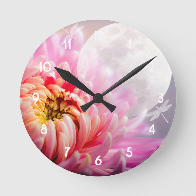 Chrysanthemum and Moon Runde Wanduhr (Vorderseite)