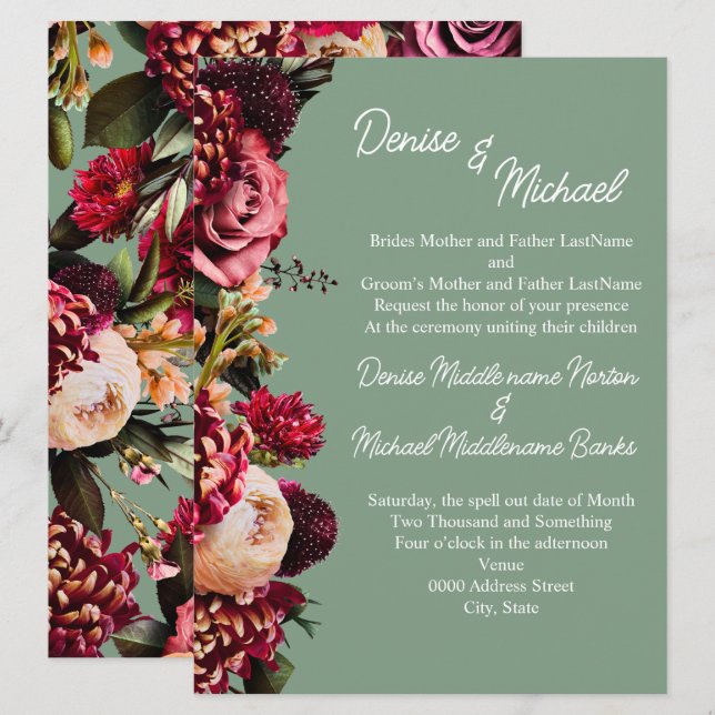 Chrysanthemum auf Basil Green Einladung (Vorne/Hinten)