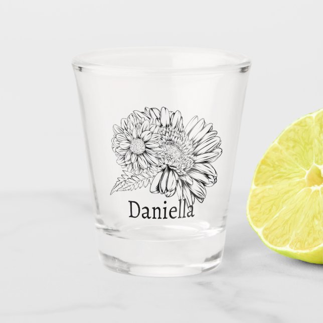 Chrysanthemum Black Line Drawing with Your Name  Schnapsglas (Vorderseite)