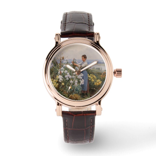 Chrysanthemum Blume (Mädchen im Garten) Armbanduhr (Vorderseite)