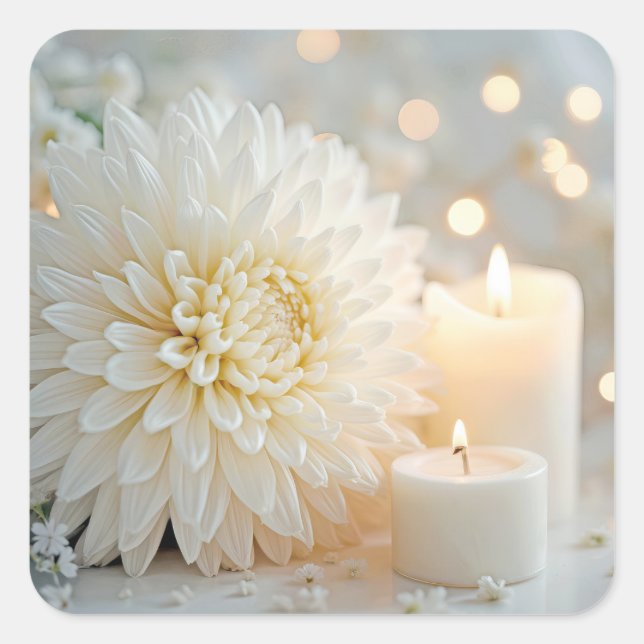 Chrysanthemum Blume und Kerzen Hochzeiten Quadratischer Aufkleber (Vorderseite)