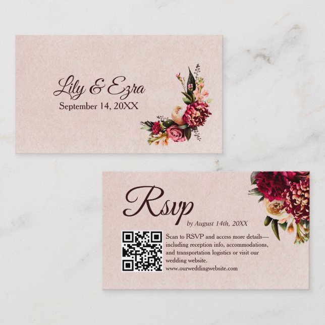 Chrysanthemum Elegant Burgundy RSVP Card QR Code Begleitkarte (Vorne/Hinten)