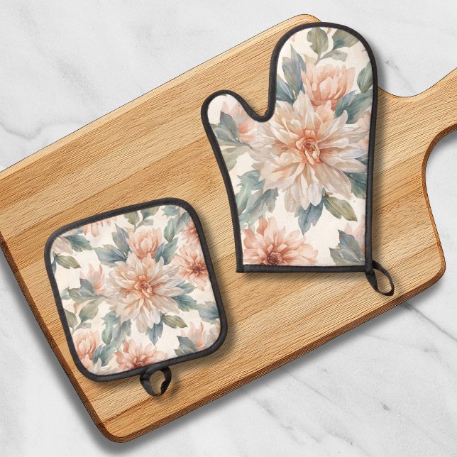 Chrysanthemum Flowers Watercolor Botanical Pattern Ofenhandschuh & Topflappen-Set (Von Creator hochgeladen)