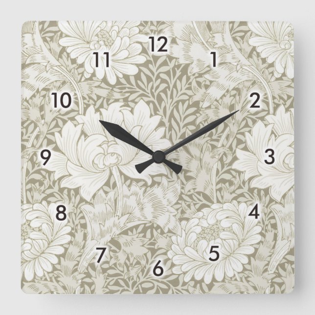 Chrysanthemum Ivory, William Morris Quadratische Wanduhr (Vorderseite)