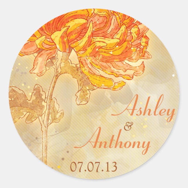 Chrysanthemum Orange Floral Wedding Umschlag Aufkl Runder Aufkleber (Vorderseite)