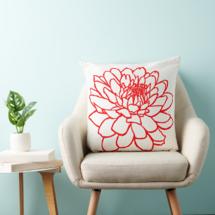 Chrysanthemum Zeichnend - rot auf weiß Kissen