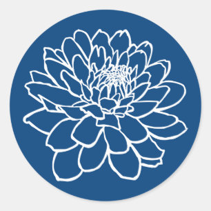 Chrysanthemum Zeichnend - Weiß auf Indigostil Blau Runder Aufkleber