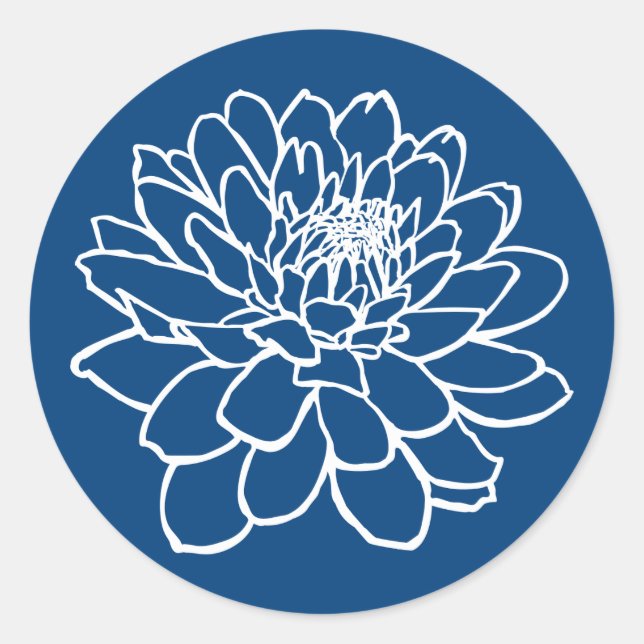 Chrysanthemum Zeichnend - Weiß auf Indigostil Blau Runder Aufkleber (Vorderseite)