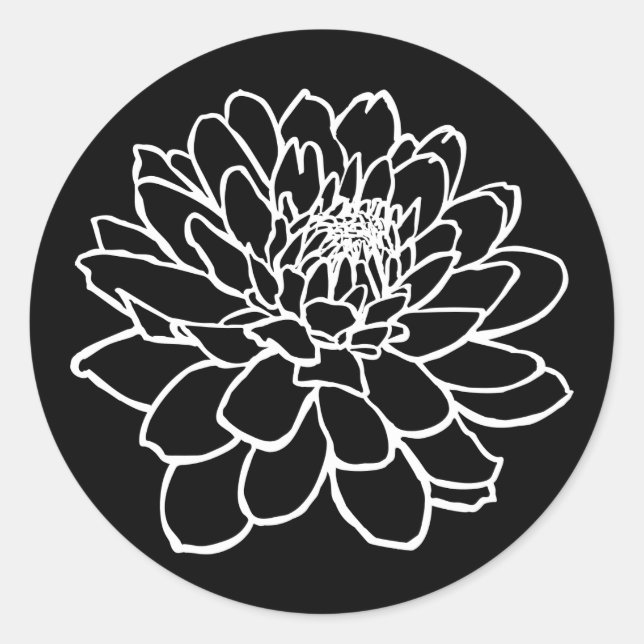 Chrysanthemum Zeichnend - Weiß auf Schwarz Runder Aufkleber (Vorderseite)