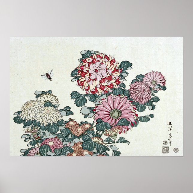 Chrysanthemums & Bee, japanische Kunst von Hokusai Poster (Vorne)