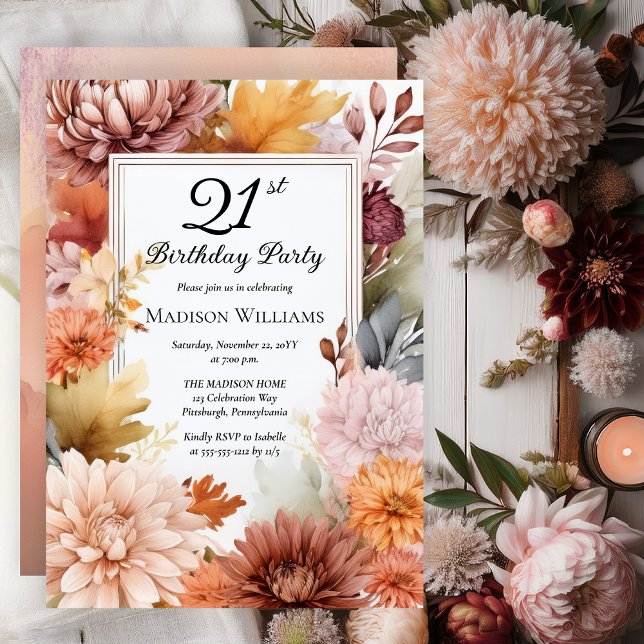 Chrysanthemums Peonies Floral 21st Birthday Party Einladung (Elegant Boho Chrysanthemums and Peonies Floral 21st Birthday Party Invitation - Print | Digital)
