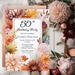 Chrysanthemums Peonies Floral 50th Birthday Party Einladung<br><div class="desc">Elegant chrysanthemums and peonies floral design "50th Birthday Party" featuring a floral frame of mums and peony flowers in burgundy,  burnt orange,  apricot and pink on a white background center panel.  Back design features a multi-layered coordinating colors watercolor background</div>