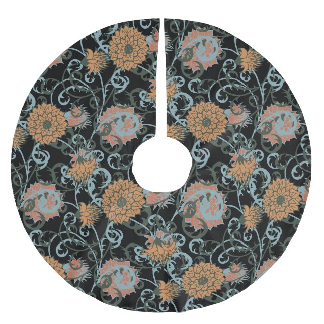 Chrysanthemums Schwarzer Hintergrund, floral Vinta Polyester Weihnachtsbaumdecke (Vorderseite)