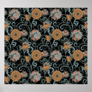 Chrysanthemums Schwarzer Hintergrund, floral Vinta Poster
