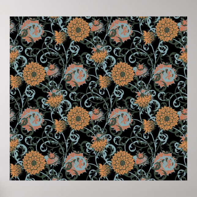 Chrysanthemums Schwarzer Hintergrund, floral Vinta Poster (Vorne)
