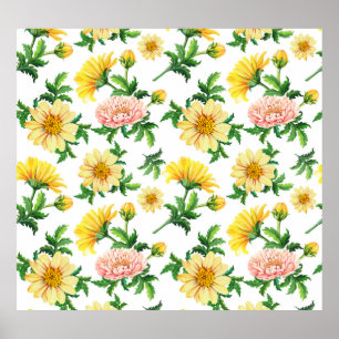 Chrysanthemums Wasserfarbe: Nahtloses Blumendesign Poster