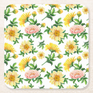 Chrysanthemums Wasserfarbe: Nahtloses Blumendesign Rechteckiger Pappuntersetzer