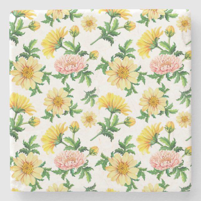 Chrysanthemums Wasserfarbe: Nahtloses Blumendesign Steinuntersetzer (Vorderseite)