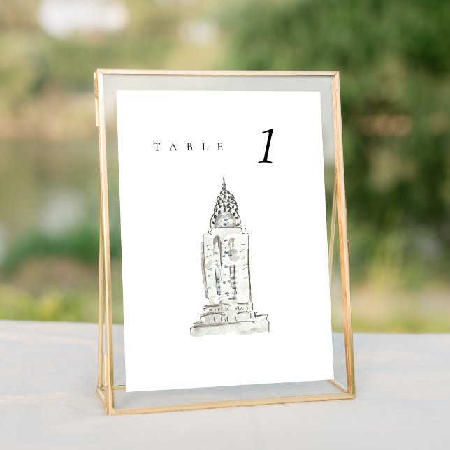 Chrysler Gebäude New York Wedding Tischnummer (Watercolor Chrysler Building New York City Skyline wedding table number sign.)