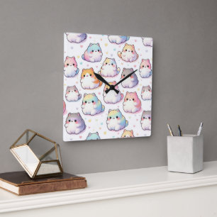 Chubby Cartoon Cat Collection mit Herz Quadratische Wanduhr