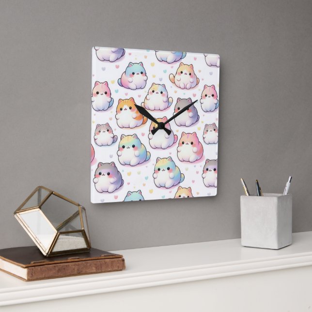 Chubby Cartoon Cat Collection mit Herz Quadratische Wanduhr (Büro)